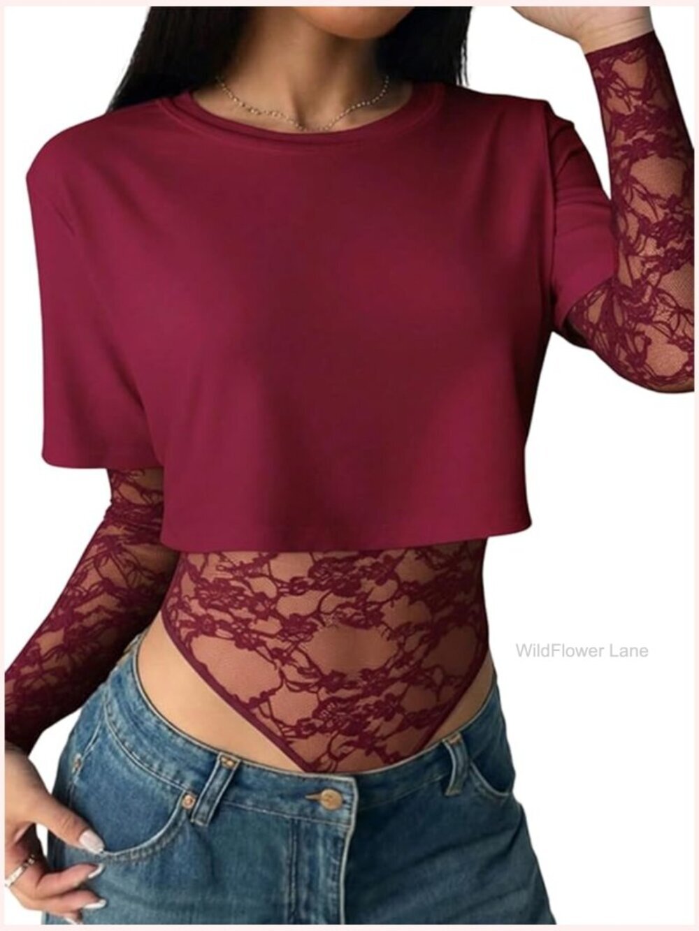 Long Sleeve Lace Patchwork Crop Bodysuit Mesh Sheer Going Out Tee